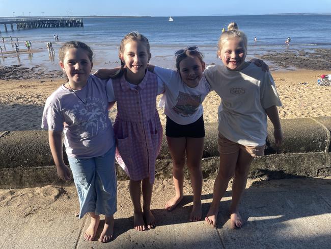 Summer, Indy, Ava and Audrey at Cowes Foreshore on Phillip Island for the 2024 New Year's Eve fireworks. Picture: Jack Colantuono