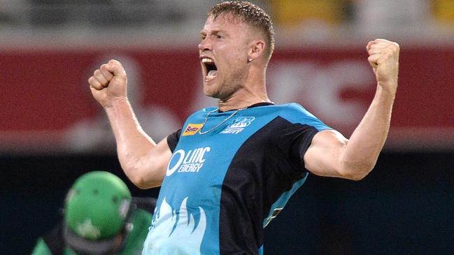 BRISBANE, AUSTRALIA - DECEMBER 28: Andrew Flintoff of the Heat celebrates a wicket during the Big Bash League match between the Brisbane Heat and the Melbourne Stars at The Gabba on December 28, 2014 in Brisbane, Australia. (Photo by Bradley Kanaris/Getty Images)