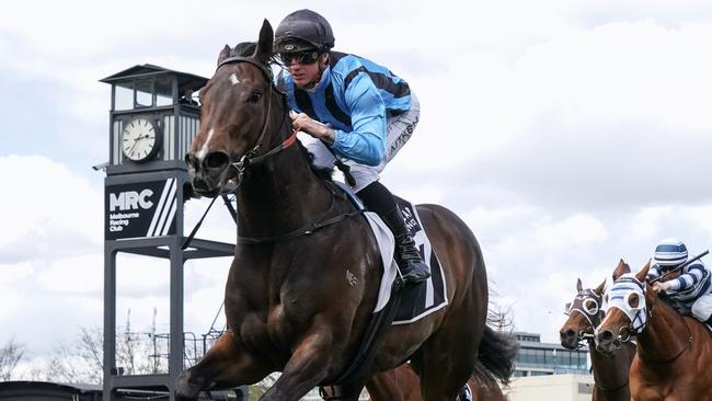 Asfoora ridden by Mitchell Aitken wins the Schillaci Stakes.