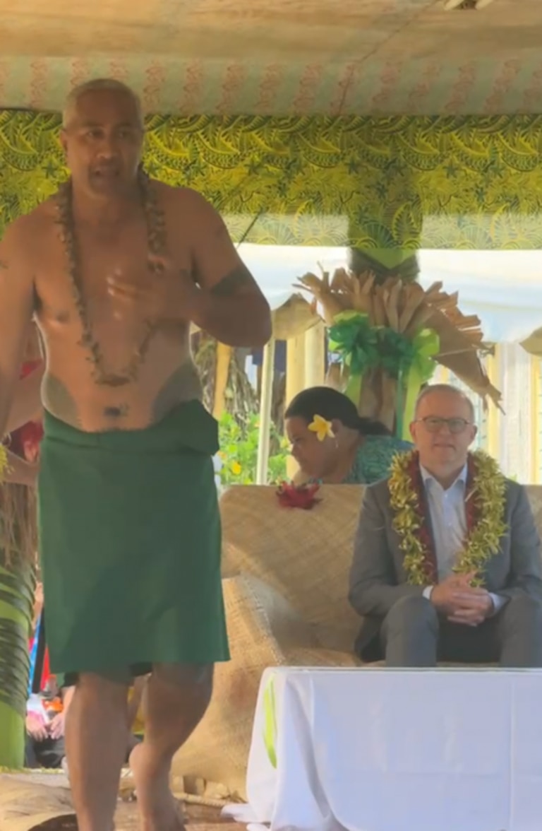 Samoan villagers sang the Australian National Anthem and presented Prime Minister Anthony Albanese with a traditional floral garland called an Ula Fala.