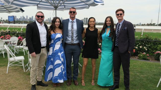 Matt, Eva, Cal, Dee, Dylan and Lucy at Seppelt Wines Stakes Day 2024 at Flemington Racecourse. Picture: Gemma Scerri