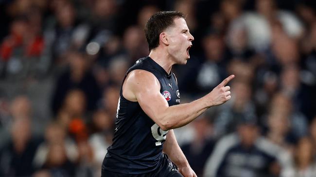 MELBOURNE, AUSTRALIA – AUGUST 25: Matthew Owies of the Blues celebrates a goal during the 2024 AFL Round 24 match between the Carlton Blues and the St Kilda Saints at Marvel Stadium on August 25, 2024 in Melbourne, Australia. (Photo by Michael Willson/AFL Photos via Getty Images)