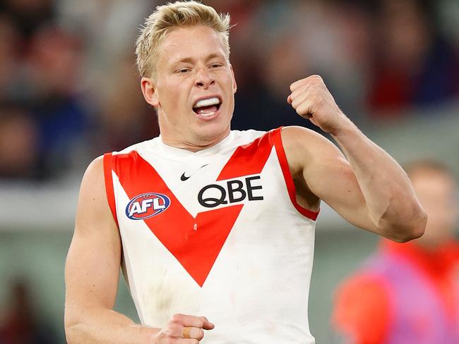 Gun Swans’ forward Isaac Heeney celebrates. Picture: AFL Photos/Getty Images