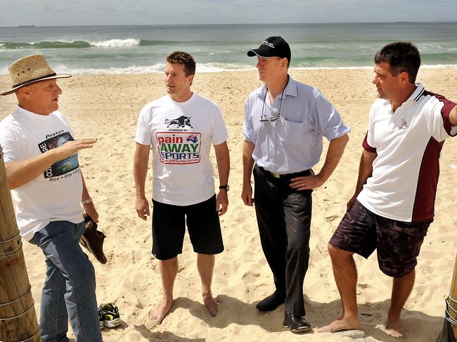 Phil Heaton, Wes Newman, Greg Best and Anthony Clark discussing the desalination issue at Budgewoi Beach in 2010.