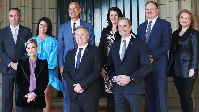 Back row: Nic Street, Jo Palmer, Guy Barnett, Jacquie Petrusma, Roger Jaensch, Madeleine Ogilvie. Front row: Elise Archer, Premier Jeremy Rockliff and Deputy Premier Michael Ferguson. Swearing in of the new Tasmanian government cabinet at government house Hobart. Picture: Nikki Davis-Jones