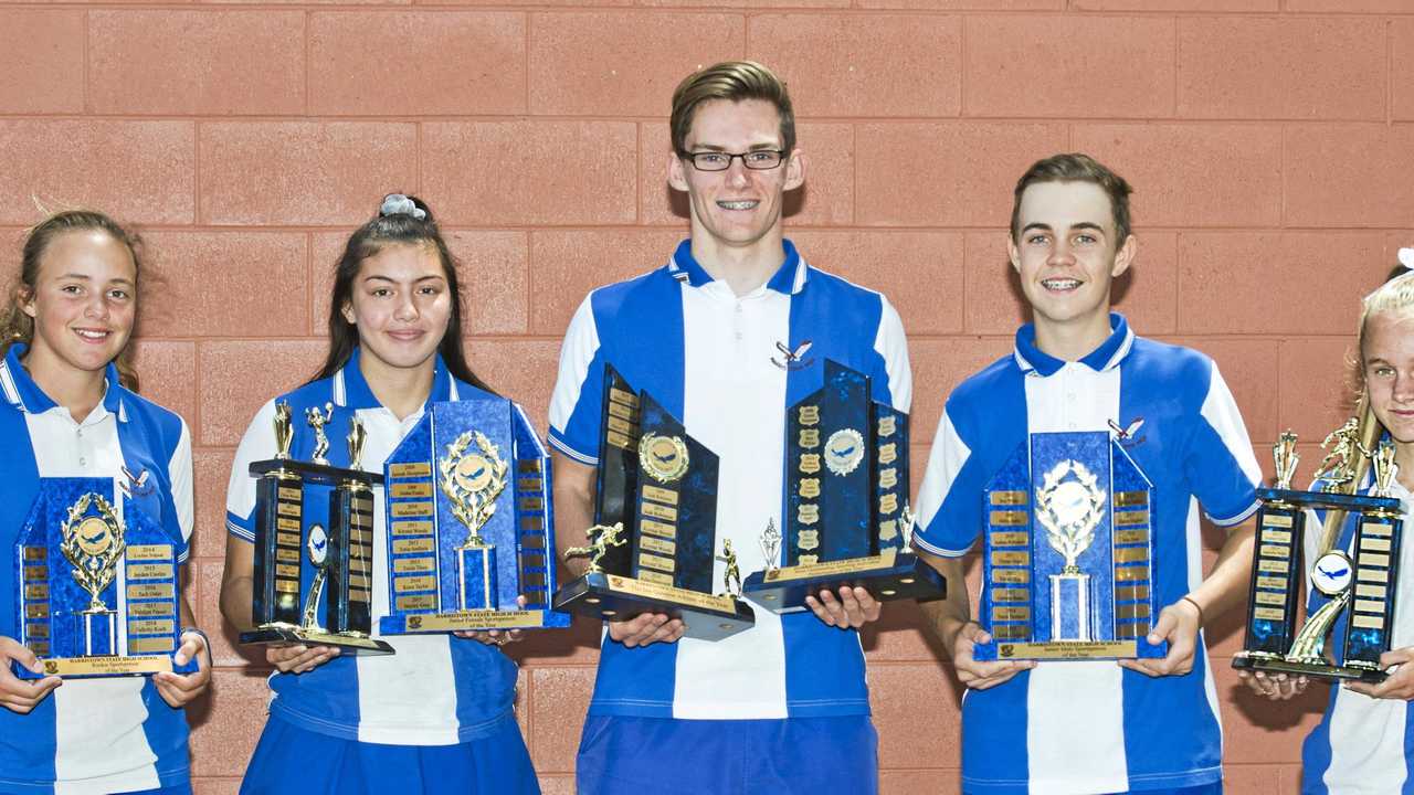 AWARD WINNERS: Harristown State High School students (from left) Felicity Koch, Kylie Janes, Mason Hughes, Jack Oster and Maddison Teakle celebrate their school sport award wins. Picture: Nev Madsen