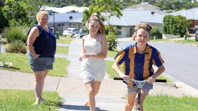 Pimpama mum Sal Scanlon is keeping children Grace, 12, and Jack, 14 home from school in the midst of the coronavirus pandemic. Picture: Tim Marsden.