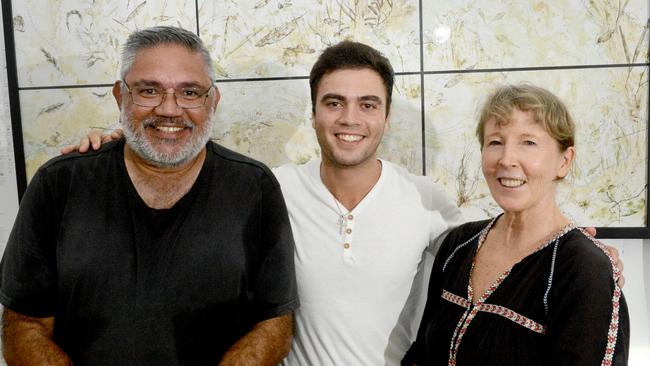 Norm Graham, Nathan Galluzzo and Professor Penny Allen (of UTS) at the exhibition at the Byron Lighthouse Cottage. Picture: Liana Boss