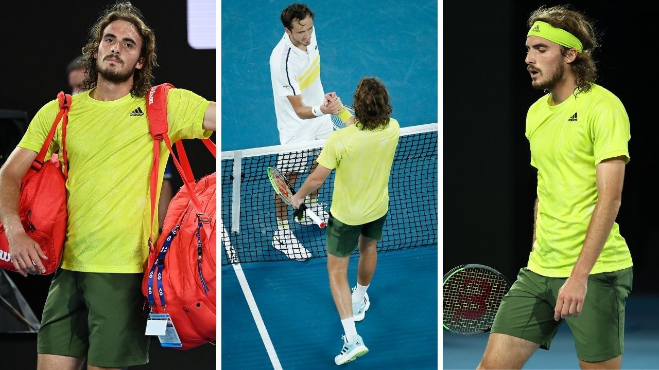 Stefanos Tsitsipas shorts, sweat, in Australian Open 2021 semi-final defeat Daniil Medvedev result tennis news