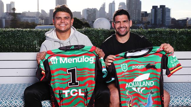 Latrell Mitchell and Cody Walker with the Rabbitohs' Indigenous Round jersey. Picture: Brett Costello