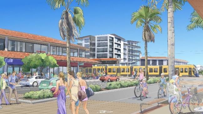 Plans for light rail Stage Four through Palm Beach, showing a pedestrian mall and medium high rise buildings.