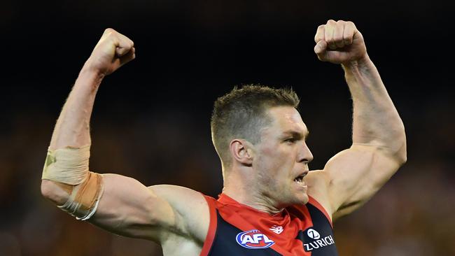 DMelbourne’s Tom McDonald celebrates kicking a goal in the first semi final against Hawthorn. Picture: Julian Smith/AAP