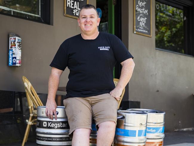 Mick Bain, owner of Royal Albert Hotel, whose business crumbled overnight with Covid, so he quickly changed tactic and created a new business called tapnsntins.com.au in which he took the kegs sitting unused in small breweries due to pubs being closed and canned them to distribute around the country. Picture: Dylan Robinson