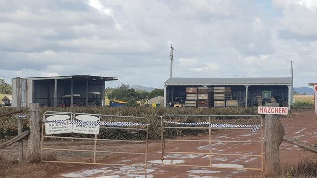 Police tape on a gate at the scene of the Wednesday, July 14, 2021 pineapple farm death. The incident occurred at Lake Mary Pines at Bungundarra.