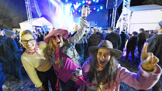 A trio of friends from Brisbane enjoy their night out at the Paul Kelly and friends concert in Dirranbandi. Picture: Lyndon Mechielsen