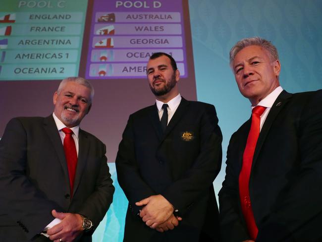 Walescoach Warren Gatland (L), Michael Cheika (C) and Georgia boss Milton Haig.