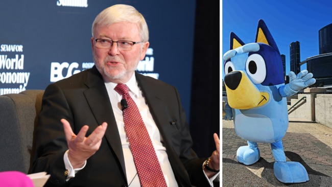Australian ambassador to the US, Kevin Rudd has warned Trump's tariffs would result in a 'tax on Bluey'. Picture: Getty Images/Lyndon Mechielsen