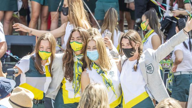 Athletes celebrate at the welcome home parade in Brisbane’s CBD. Picture: Richard Walker