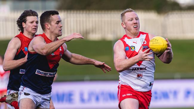 Football. Tasmanian State League. Clarence V North Hobart. Hugh M Williams North Hobart, Josh Green Clarence. Picture: Linda Higginson