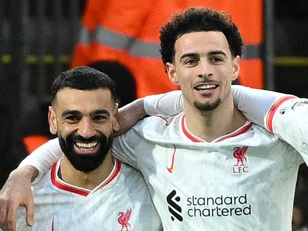 BOURNEMOUTH, ENGLAND - FEBRUARY 01: Mohamed Salah of Liverpool celebrates scoring his team's second goal with teammates Curtis Jones, Conor Bradley, Darwin Nunez and Dominik Szoboszlai during the Premier League match between AFC Bournemouth and Liverpool FC at Vitality Stadium on February 01, 2025 in Bournemouth, England. (Photo by Mike Hewitt/Getty Images)