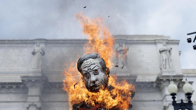 An effigy of Benjamin Netanyahu is torched near the US Capitol. Picture: AFP