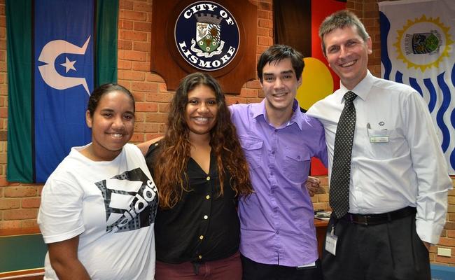 General Manager Gary Murphy welcomes new trainees (l-r) Kyeoma Caldwell, Jaihana Roberts and Bindjarla Cook.