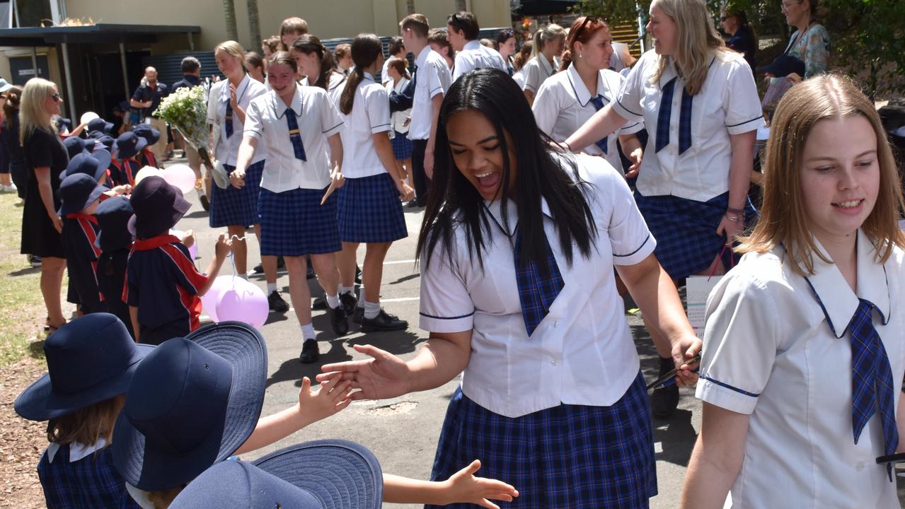 Suncoast Christian College farewells Year 12 students with a guard of honour across the campus.