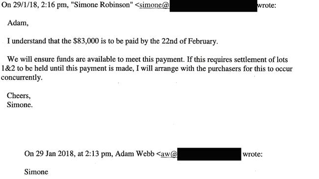 Emails between Weldev Capital executive Adam Webb and Simone Holzapfel tendered to the Supreme Court. Photo: Supplied