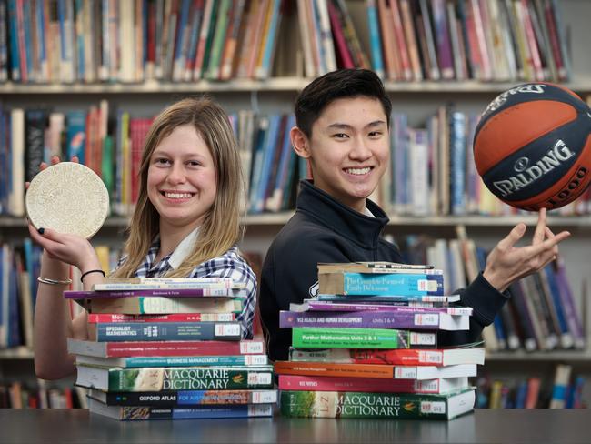 VCE story. Two students from Maribynong College, Yasmine Gousas 18 who is interested in archaeology and Winton Lou 18 who is into basketball umpiring hitting the text books ready for VCE exams.                   Picture: David Caird