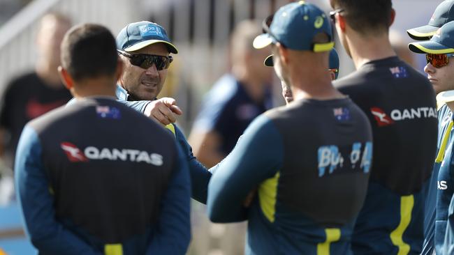 Langer,speaks to his players during the tour match against Derbyshire. Picture: Getty Images