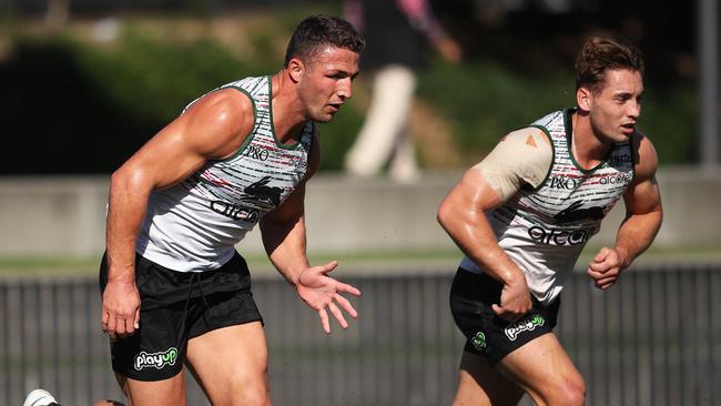 Sam Burgess and Cameron Murray during the South Sydney Rabbitohs training session at Redfern oval. Picture. Phil Hillyard