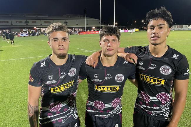 Jordan Hotere (left), Hayden Watson (middle) and Tamai Baker (right) following Marsden’s Round 1 Langer Trophy win over Stretton State College.