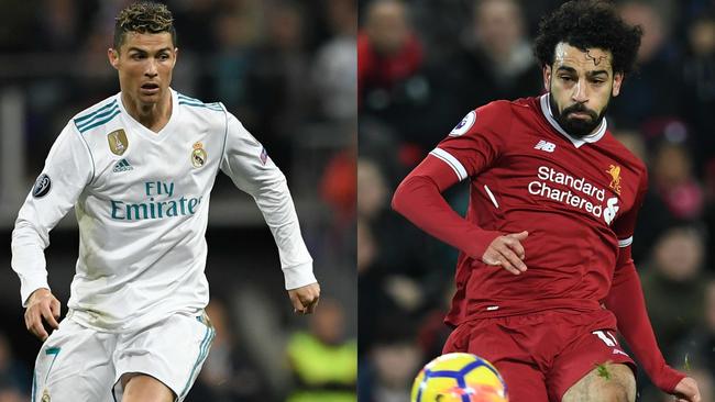 (COMBO) This combination of pictures created on May 23, 2018 shows Real Madrid's Portuguese forward Cristiano Ronaldo (L) during an UEFA Champions League football match on May 1, 2018 in Madrid, and Liverpool's Egyptian midfielder Mohamed Salah during an English Premier League match in Liverpool on December 26, 2017. Real Madrid CF and Liverpool FC will play the UEFA Champions League final football match in Kiev on May 26, 2018. / AFP PHOTO / GABRIEL BOUYS AND Paul ELLIS / RESTRICTED TO EDITORIAL USE. No use with unauthorized audio, video, data, fixture lists, club/league logos or 'live' services. Online in-match use limited to 75 images, no video emulation. No use in betting, games or single club/league/player publications.   /