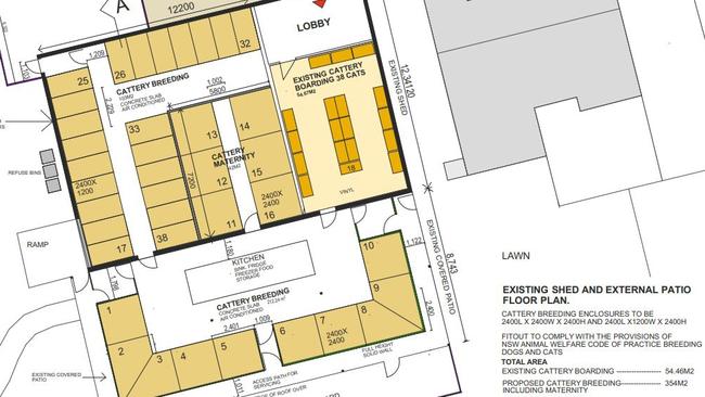 A floor plan of the existing shed and external patio and breeding enclosures proposed for the Kely Rd, Karrabin site.