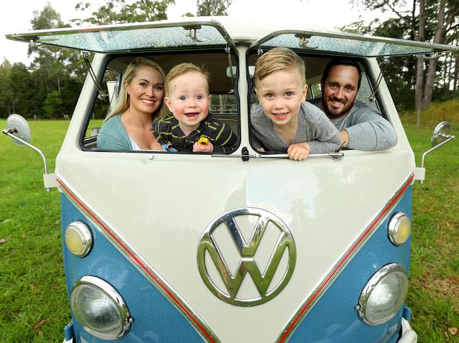 Adrian and Casey Smith and their 2 boys Bailey 3 and Jackson 1 get their 1965 VW Split Screen Kombi for the Old Bar Kombi Festival . Pic Nathan Edwards