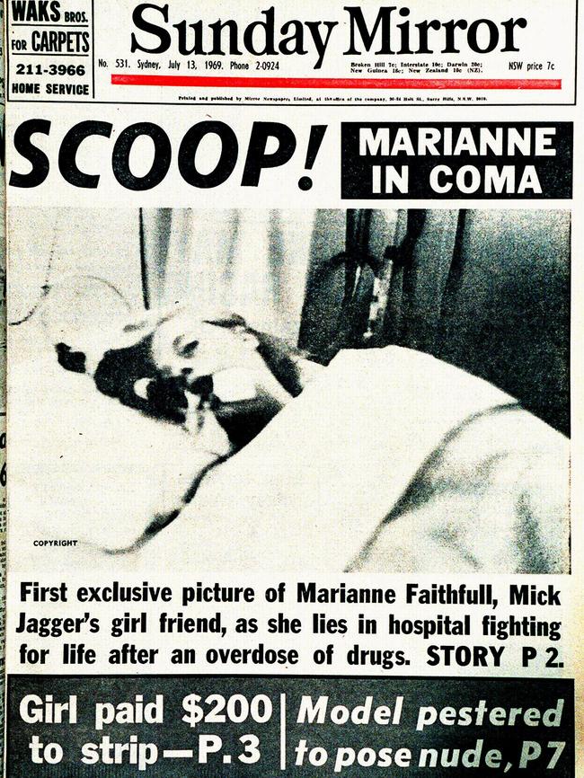 The front page of Sydney’s Sunday Mirror in 1969 showing Marianne Faithfull in a coma in a Sydney hospital bed after taking a drug overdose.