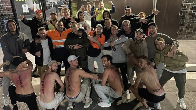 A new generation of “Bra Boys” show off the tattoos that have become common place for many young men growing up in Maroubra. Picture: Supplied