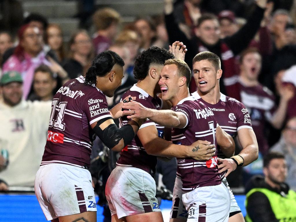 Manly captain and halfback Daly Cherry-Evans celebrates a Clayton Faulalo try. Picture: NRL Images