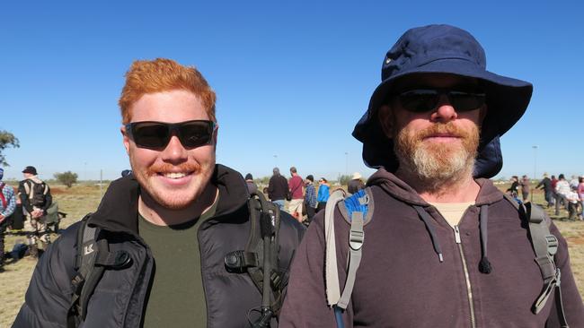 Motorcyclists Mark Myers and Tom Burns rode from NSW to Finke to see the race for the first time. Picture: Gera Kazakov