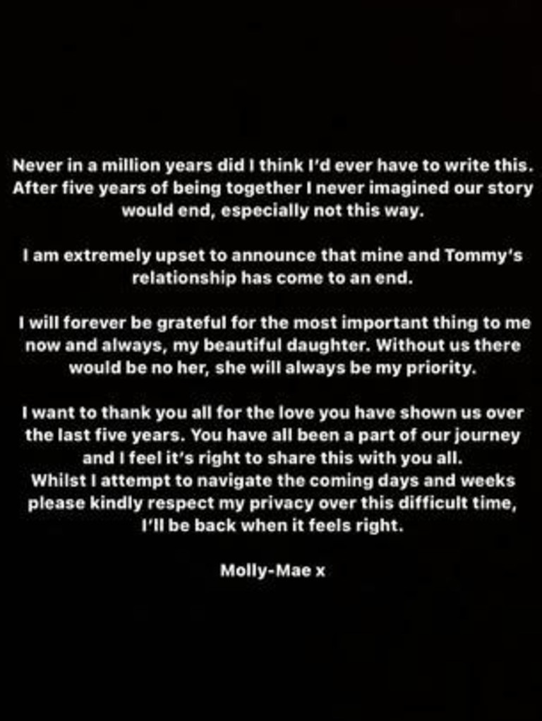 The statement Hague shared to Instagram in August announcing the pair had broken up. Picture: Instagram