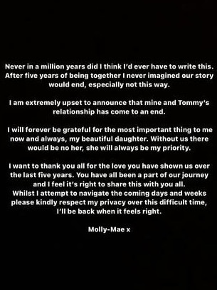 The statement Hague shared to Instagram in August announcing the pair had broken up. Picture: Instagram