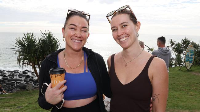 Angie Lourie and Chanae Brookes at the Surf of Origin at Burleigh Beach. Picture: Annette Dew