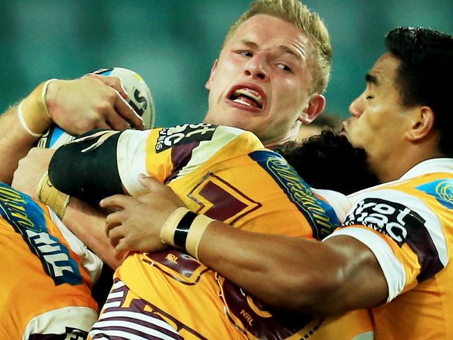 George Burgess of Souths tackled during the South Sydney Rabbitohs v Brisbane Broncos round 25 NRL game at Allianz Stadium, Sydney. pic Mark Evans