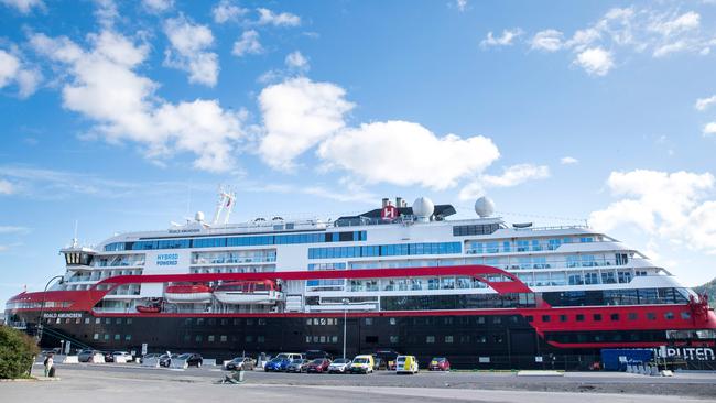 Hurtigruten’s expedition cruise ship Roald Amundsen remains moored at Tromso in Norway. Picture: AFP