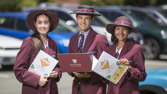 John Paul College has several open days this year. Pictured: Year 9 students Clara Simpson 14, Caden Careswell 15 and Anagha Mohan 14. Photo: Peter Wallis