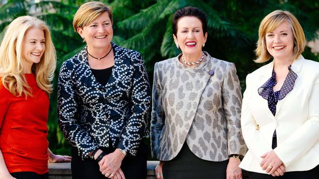 City of Sydney mayoral candidates from left Angela Vithoulkas, Christine Forster, Clover Moore and Linda Scott outside Sydney Town Hall. Picture: Jonathan Ng