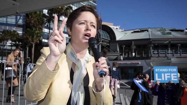 Tanya Davies speaks to a crowd of protesters at Darling Harbour