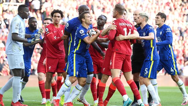 Chelsea and Liverpool players clash as Reece James of Chelsea (not pictured) is sent off. Picture: Getty Images