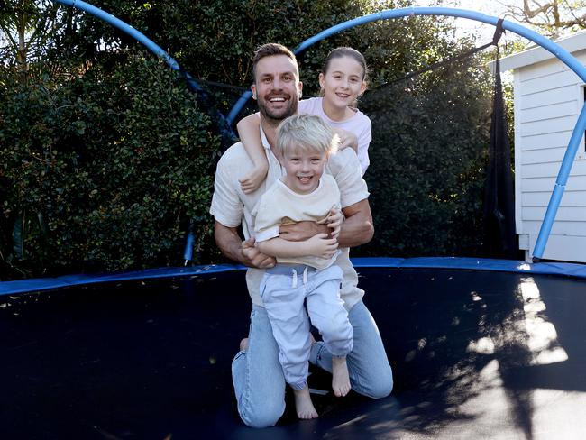 Beau Ryan pictured at home in Cronulla with his daughter Remi, 8; and son Jesse, 4. Picture: Toby Zerna