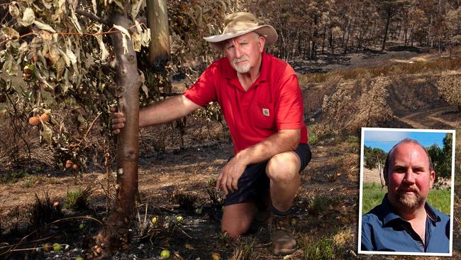 Farmer Kym Green in his apple and cherry at Lenswood. Inset: Shayne Boyle, who suffered serious burns fighting with him. Picture: AAP/Emma Brasier